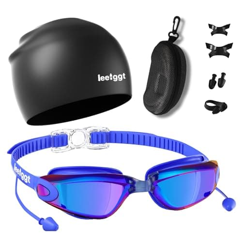 LEEIGGT Swim Goggles+Swim Cap, No Leak Anti-Fog & UV,Swimming Goggles Full Protection Adult Men Women Youth(6 in 1) - Image 1