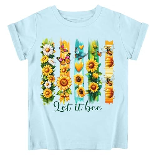 Funnycokid Little Girls Shirt 4T 5T Toddler Blue Tees Sunflowers Watercolor Stripe Animal Children Cute T-Shirt Graphic Short Sleeve Clothes Tops - Image 1