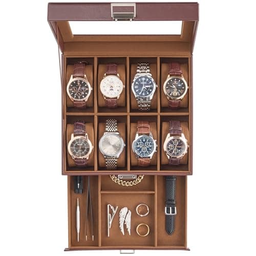 ProCase Watch Case, Fathers Day Gift for Dad, 8 Slot Mens Watch Box Holder Organizer with Glass Lid, 2-Layer Watches Display Case, Mens Jewelry Box with Drawer -8 Slot, Espresso - Image 1