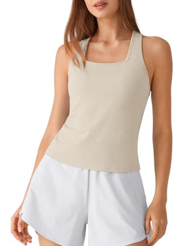 G4Free Women's Athletic Tanks with Removable Pads Racerback Square Neck Workout Yoga Pilates Tops Fitted for Activewear (Light Khaki,XXL) - Image 1