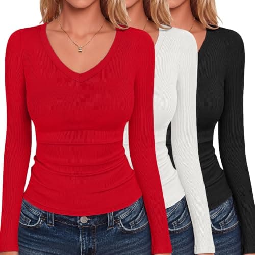 Zeagoo 3 Pack Womens Ribbed Long Sleeve Shirts V Neck Slim Fit Tops Stretch Knit Casual Underscrubs Layer Fall Basic Tee - Image 1