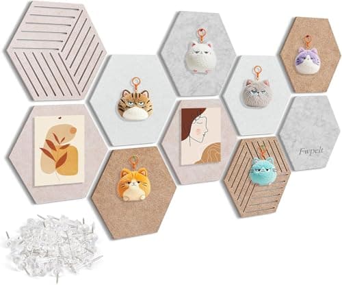 10 Pack Hexagon Cork Board Tiles Alternative, 12'' Fully Self-Adhesive Modern Felt Bulletin for Wall Decor, Frameless Pin Board for Office, Renter-Friendly Decorative Hexagon Corkboard with 30 Pins - Image 1