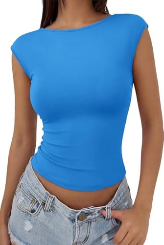 REORIA Womens Sexy Backless Going Out Tops Double Lined Boat Neck Cap Sleeve Shirts Slim Fitted Open Back Y2k Basic Tee, Lake Blue Medium - Image 1