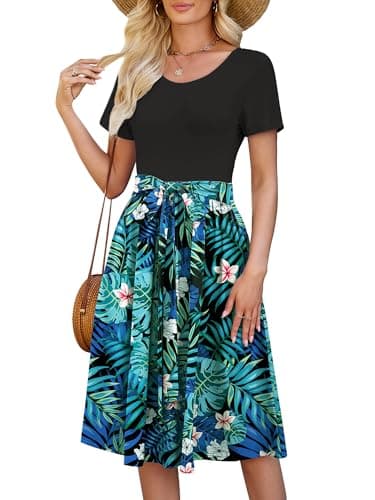 Heymoments Women Dress Print Floral Medium Wedding Guest Crewneck Short Sleeves A line Casual Flowy Swing Cocktail Slimming Birthday Party Summer Travel Long Midi Dresses with Pocket - Image 1