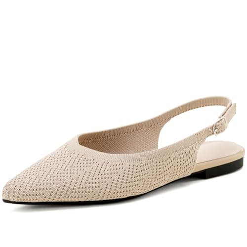 AHZEHRSE Slingback Ballet Flats for Women Pointed Toe Adjustable Buckle Strap Flats Comfortable Dressy Flats for Work & Party Knit Slip On Shoes Beige - Image 1