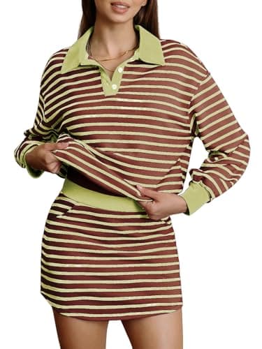 EXLURA Womens Two Piece Sets Cotton Striped Sweatshirt Matching Skirt Skort Tennis Vacation Cruise Outfits Travel Set 2026 - Image 1