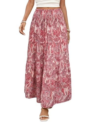 ZAFUL Women’s Summer Boho Maxi Skirts Bohemian Print Smocked High Wasited Flowy Tiered Ruffle Long Beach Skirt Pink XS - Image 1