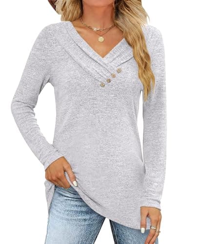 FMEYOA Women's Fall Long Sleeve Tunic Tops for Leggings V Neck Button Casual Blouse Sweatshirt(Grey,X-Large) - Image 1