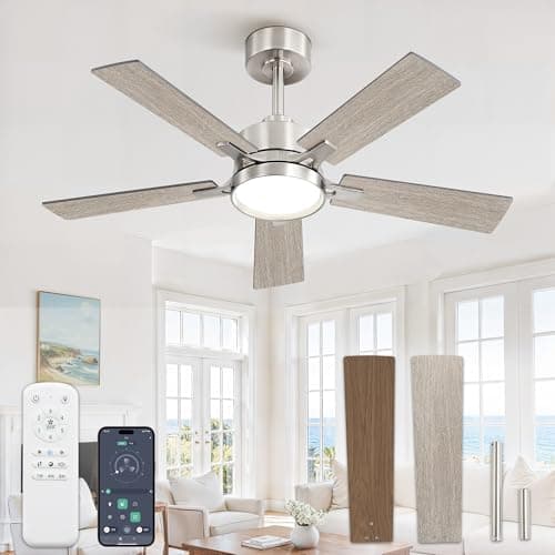 Glowivia 42 Inch Ceiling Fan with Lights and Remote, Smart APP Control, Dimmable with All-Setting Memory, Quiet DC Motor Reversible Blades, Damp Rated Modern Ceiling Fan for Bedroom Patio Living Room