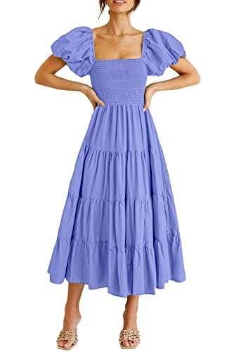 PRETTYGARDEN Women's Casual Summer Midi Dress Puffy Short Sleeve Square Neck Smocked Tiered Ruffle Dresses (Purple Blue,Small) - Image 1