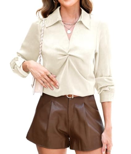 RUMIA Longsleeve Satin Silk Fall Blouses Shirt for Women Business Work Top Beige - Image 1