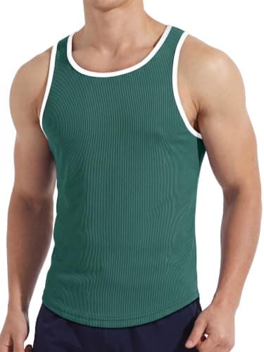 Crastimo Men's Ribbed Racerback Tank Top Stretchy Color Block Trim Slim Fit Sleeveless Shirt Workout Green S - Image 1