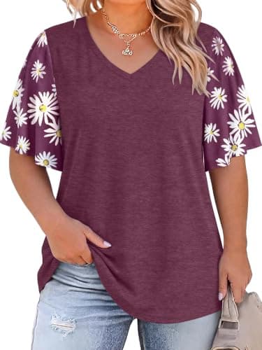 HDLTE Women Plus Size Tops Bell Sleeves Floral Print Shirt Casual Plus Size Blouse (Purple, 3X) - Image 1