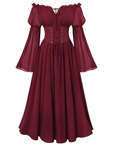 Scarlet Darkness Renaissance Costume Women Off Shoulder Corset Dress Long Sleeve Fairy Maxi Dresses Dark Red 2XL - Image 1