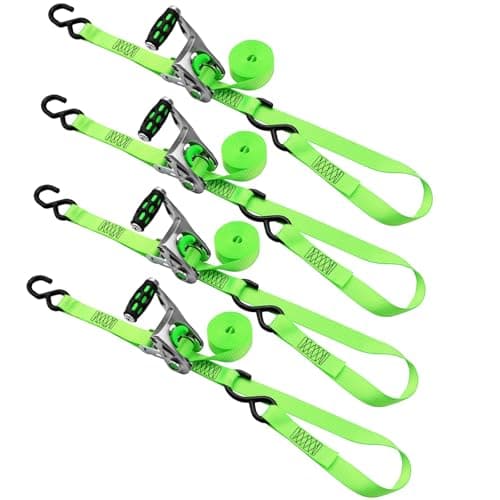XSTRAP STANDARD 1in x 14ft Ratchet Straps with Ergonomic Aluminium Alloy Handle and Coated S-Hooks - 500 lb. Working Load Limit / 1,500 lb. Breaking Strength - Green, 4PK