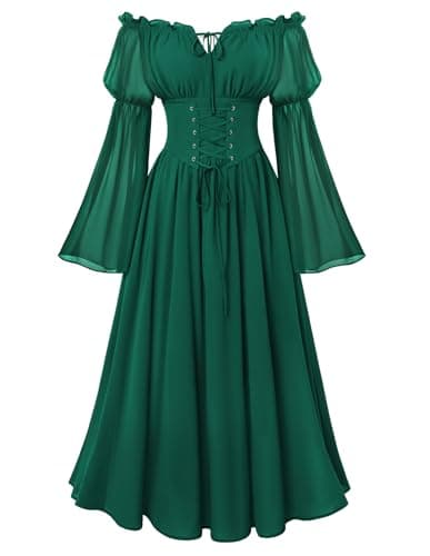 Scarlet Darkness Renaissance Costume Women Off Shoulder Corset Dress Long Sleeve Fairy Maxi Dresses Dark Green 2XL - Image 1