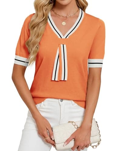 Libsorge Womens Lightweight Cute Bow Tie Sweater Spring Summer 2026 Trendy Dressy Business Casual Outfits Sexy V Neck Thin Short Sleeve Color Block Striped T Shirt Tops Orange L - Image 1