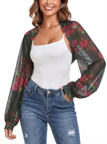 ZAFUL Open Front Cropped Bolero Cardigan for Women Bolero Shrugs for Evening Dress Strechy Crochet Knit Top (Black Floral S) - Image 1