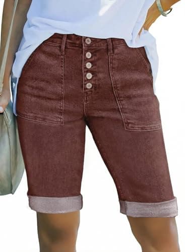 Sidefeel Shorts for Women Casual High Waisted Stretchy Shorts Button Fly Folded Hem Summer Bermuda Denim Shorts Coffee Size 14 - Image 1