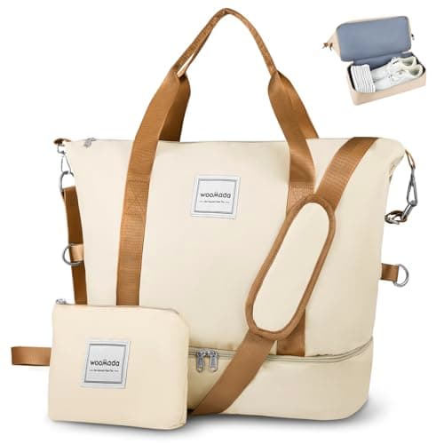 WOOMADA Weekender Duffel Bag for Women - Travel Overnight Bag with Shoe Compartment & Wet Pocket, Personal Item for Airlines, Sport Gym Tote (Beige & Brown) - Image 1