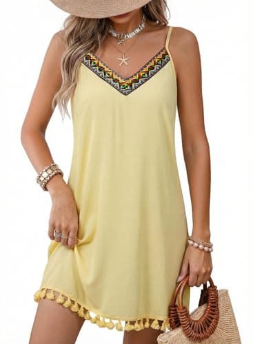 Dokotoo Summer Boho Sundresses for Women 2026 Vacation Cruise Outfits Casual Trendy Tassels Beach Dresses for Women V Neck Beach Dress Cover ups Lightweight Summer Yellow Sundress 2XL - Image 1