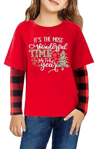 Christmas Shirts for Kids Girls Boys Christmas Tree Graphic Tee Xmas Long Sleeve Stripe Plaid Tops - Image 1