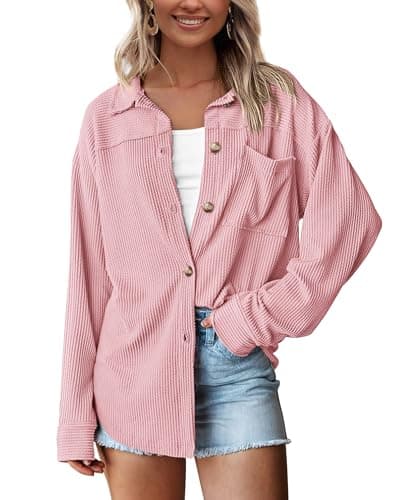 PRETTYGARDEN Women's Button Down Shirts 2026 Spring Long Sleeve Textured Tops Oversized Shacket Jacket Knit Blouses(Light Pink,Small) - Image 1