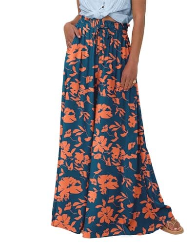 BTFBM Wide Leg Palazzo Pants for Women 2026 Summer Spring Casual High Waisted Flowy Trousers Boho Beach Vacation Outfits(Print Dark Blue Orange, XX-Large) - Image 1