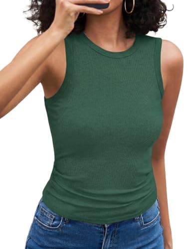 Quenteen Women Tops Summer Sleeveless Crew Neck Ribbed Tank Tops Basic Slim Fitted Racerback Shirts Green Large - Image 1