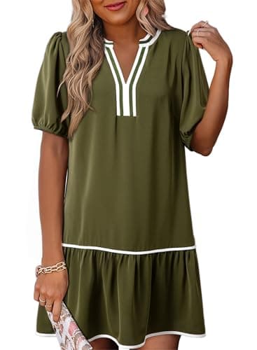 Dokotoo Cute Summer Dresses for Women 2026 Spring Fashion Outfits Short Sleeve V Neck Elegant Boho Floral Flowy Short Mini Dress Beach Vacation Wedding Guest Dress with Pockets Four Leaf Clover - Image 1