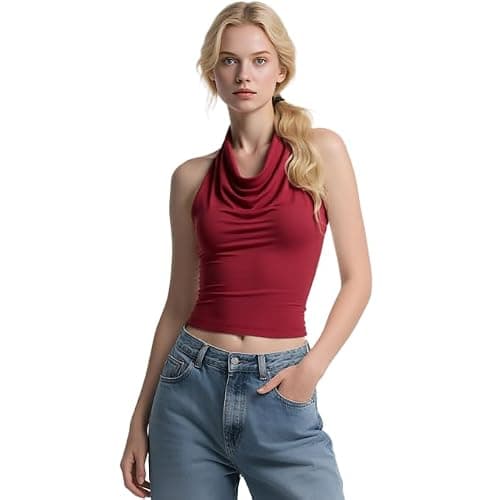 Women Halter Tank Tops Backless Sexy Cowl Neck Summer Going Out Y2K Tops Sleeveless Double Line Camisole Top Shirts(Wine,Large) - Image 1