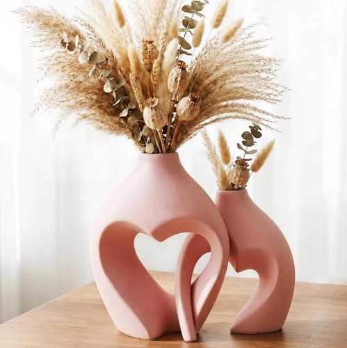 Pink Ceramic Flower Vases Home Decor Heart Shaped Vase Set of 2 Nordic Heart Shaped Vases, Minimalist Decorative Vase for Table Centerpiece Wedding Dining Living Room Office House Decoration - Image 1