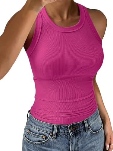 C.O.Z.Y Tank Tops for Women Ribbed Racerback Top Shirts High Neck Tank Casual Slim fit Basic Summer Tops Hotpink S - Image 1