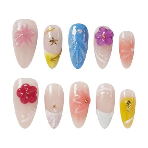 Tesytto Handmade Press on Nails 3D Floral Carved Medium Almond Fake Nails French Tips, Multi-Layer Gel Acrylic Nails for Women Nail Art (Sheer Floral Glow,M) - Image 1