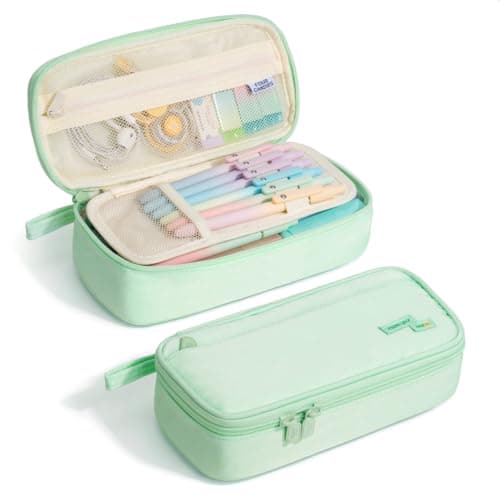 Four Candies Large Pencil Case, 5 Compartments Pen Organizer, Big Capacity Canvas Pencil Pouch Bag for School Supplies, Portable Stationery Holder for Teen Girls, Women (Peppermint Green)