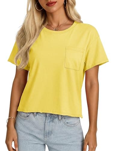 YUCOLEN Women's Crop Tops Cotton Summer Short Sleeve Crew Neck Casual Loose Cropped Basic T-Shirts with Pocket Yellow L