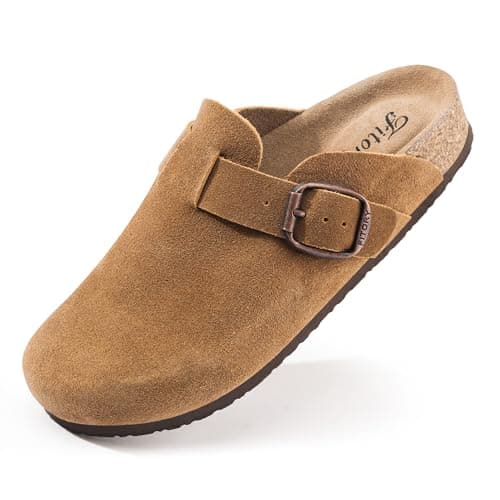 FITORY Womens Clogs Slip-on Potato Shoes Leather Mules with Suede Cork Footbed Brown Size 10 - Image 1