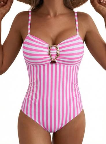 Aleumdr One Piece Swimsuit Tummy Control for Womens Coutout Full Coverage Swimwear Slimming Color Block Bathing Suit Pink Stripe Large - Image 1