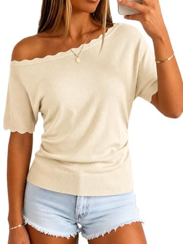 MONORA Off The Shoulder Tops for Women Short Sleeve Sweater Boat Neck One Shoulder Knit Pullover Lightweight Cinched Waist Fitted Going Out Shirts Spring Summer Cream White - Image 1