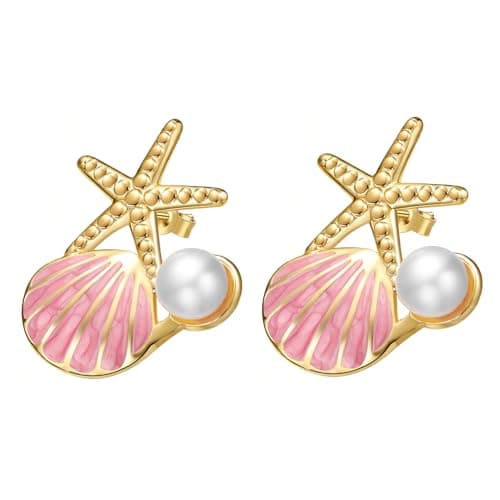 Stainless Steel Starfish & Seashell Summer Beach Earrings for Women, Pink - Image 1