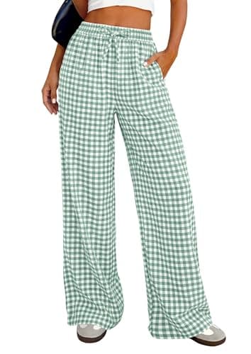 PRETTYGARDEN Gingham Pajama Pants Women Lightweight Summer Cotton PJ Bottoms Spring Wide Leg Palazzo Plaid Lounge Trousers (Green Plaid,Small) - Image 1