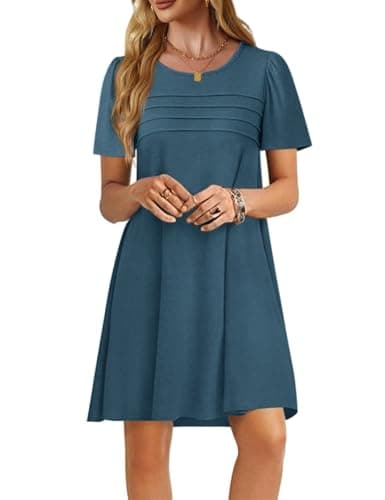Imily Bela Womens Summer Casual T Shirt Dress Short Sleeve Crewneck Pleated Front Loose Beach Flowy Mini Dresses - Image 1