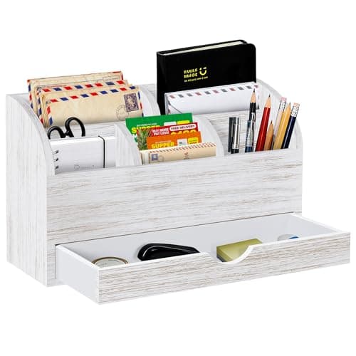 SeekElegant Wood Mail Organizer with Drawer & Pen Holder, White Mail Holder with 5 Detachable Compartments, Desk Organizer for Bill Envelope Storage, for Office Entryway Kitchen Countertop - Image 1