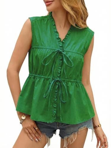 Aotasely Womens Tie Front Peplum Babydoll Tank Tops V Neck Sleeveless Cotton Shirts Casual Cute Summer Bow Ruffle Blouse Green - Image 1