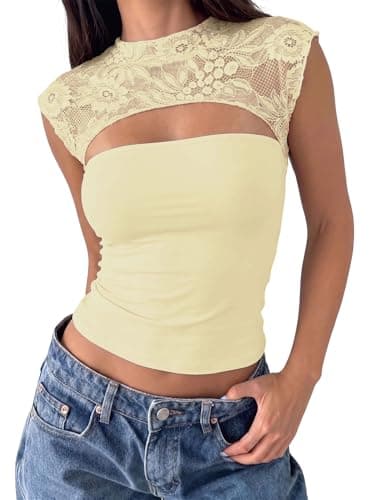 FIROVA Women's Sexy Going Out Tops Lace Floral Y2K Cute Double Lined Cutout Sleeveless Crop Tank Top 2026 Trendy Club Party Outfits Butter Yellown S - Image 1
