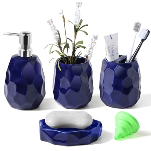 Ceramic Bathroom Accessories Set 4 PCS,Bathroom Toothbrush Holder Set,Soap and Toothbrush Holder Set,Include Toothbrush Holder,Soap Dispenser,Tumbler,Soap Dish,Bathroom Sets Decor Organizer(Navy Blue) - Image 1