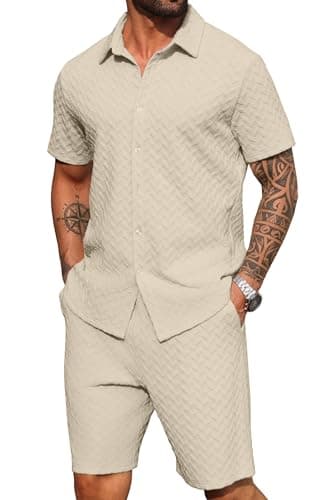 PrinStory Mens 2 Pieces Outfits Short Sleeve Tracksuit Beach Button Down Shirts and Shorts Set with Pockets Apricot-M - Image 1