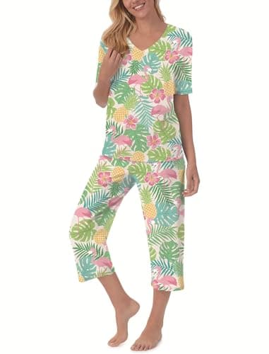 QCIV Flamingo Pajamas Women V Neck Top and Capri Pants with Pockets Sleepwear Set Two Piece PJS, Green Hawaiian, 2X-Large - Image 1