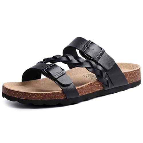 KIDMI Women's Cork Footbed Sandals with Arch Support Comfortable Slip-On Slide Sandals With Adjustable Buckle for Summer, Black 36 - Image 1