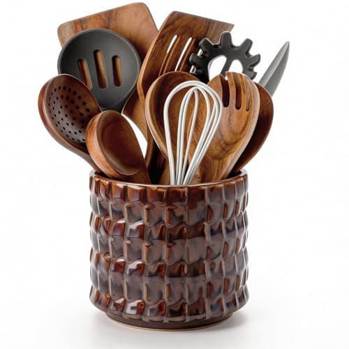 Utensil Crock Kitchen Utensil Holder, 5 Inches Small Ceramic Utensil Holder for Countertop, Unique Embossed Checkered Pattern, Cooking Utensil Crocks for Kitchen, Home Decor Gift 1 PC Plum Bronze